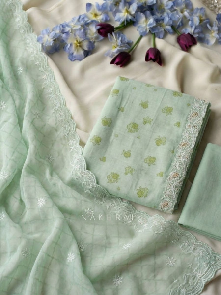 Roselune Pista Green Floral Printed Dress Material with Embroidered Border