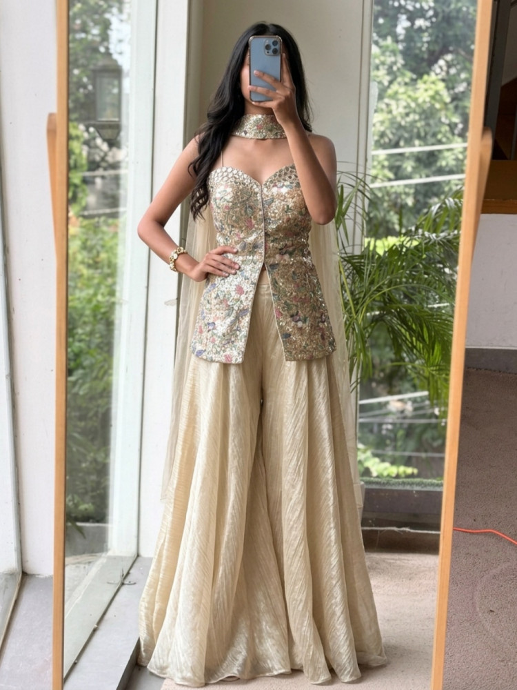 Image of Sweetheart Prism Chickoo Tissue Silk Indo-Western Palazzo Set