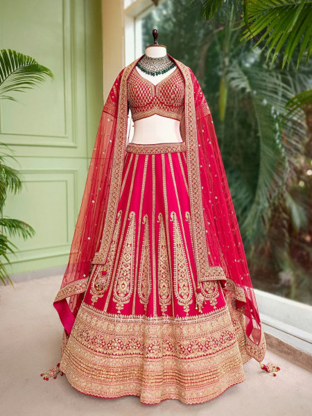 Aarvi Red Raw Silk Bridal Lehenga with Sequin and Zari Work