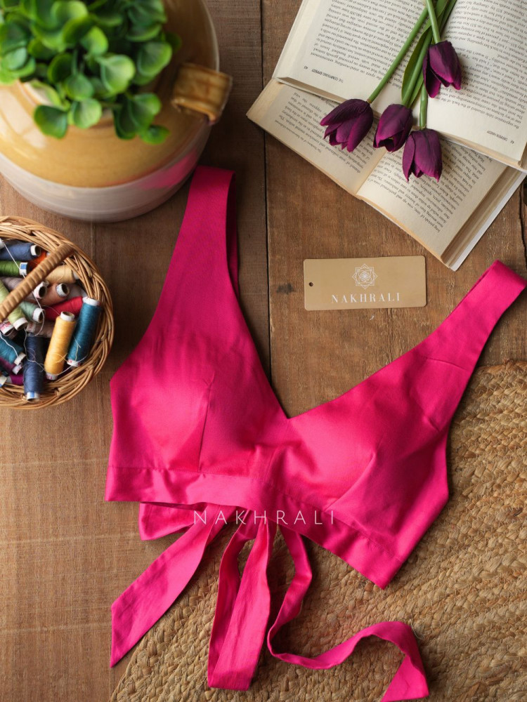 Image of Kasak Pink Blouse with V Neck and Bow Dori Back