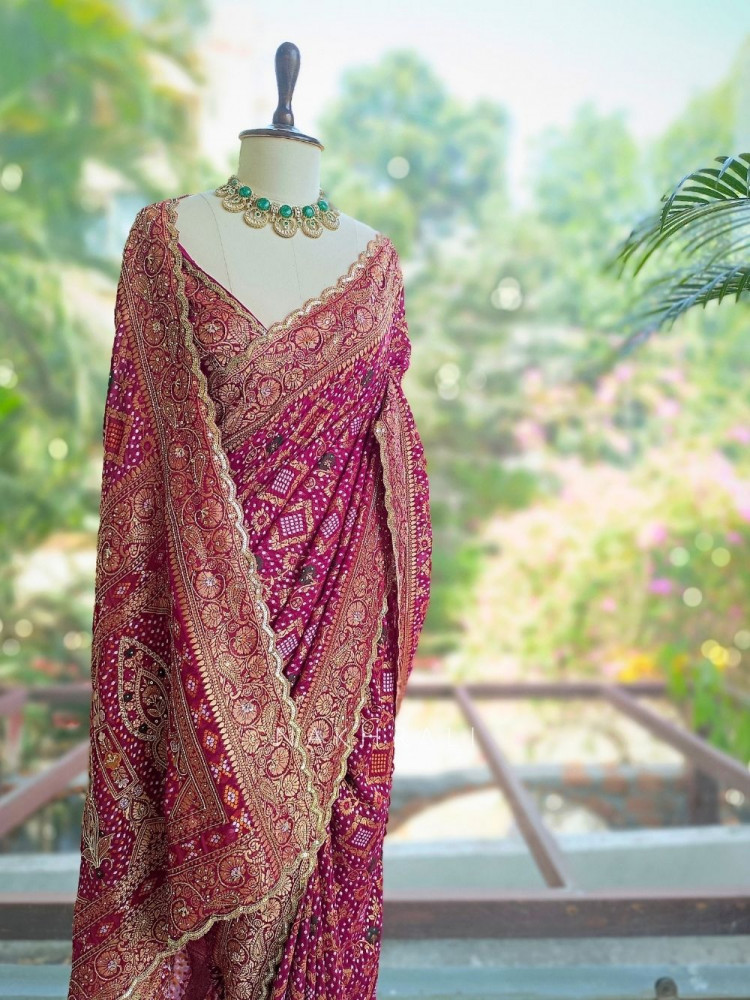Image of Nayan-noor Magenta Bandhani Saree with Zari Weave