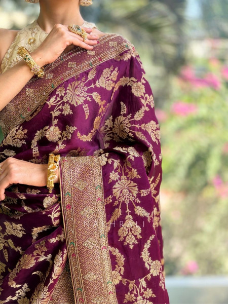 Aurelia Wine Brocade Saree with Floral Weave