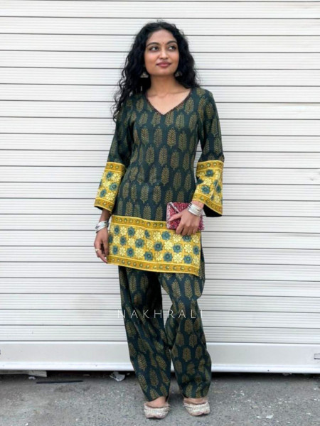 Elvarya Green Cotton Block Print Kurti with Farsi Salwar Set