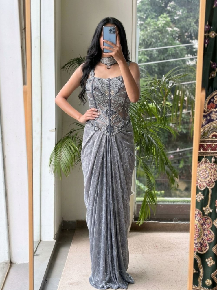 Image of Cosmo Gunmetal Grey Indo Western Skirt Set