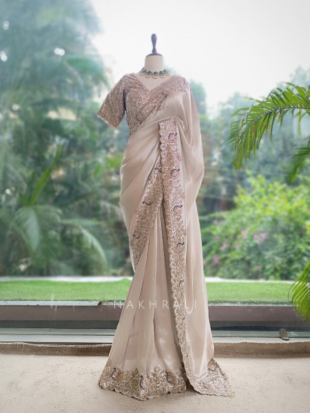 Kalika Beige Satin & Silk Satin Saree with Readymade Blouse