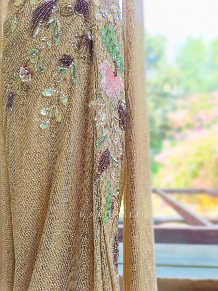 Orlina Beige Sequin Drape Gown