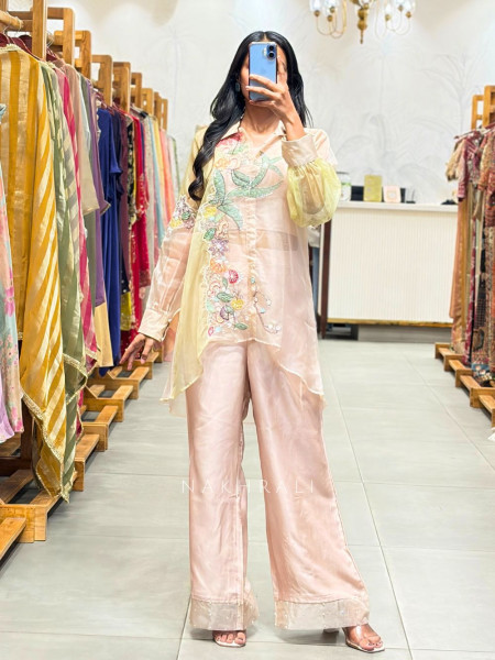 Nova Peach Indo Western Palazzo Set with Thread Patch Work