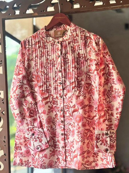 Posy Pink Cotton Shirt with Pintuck Yoke Print
