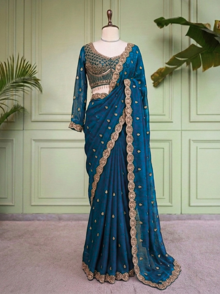Image of Suvika Teal Blue Saree with Readymade Blouse And Zari Scalloped Border