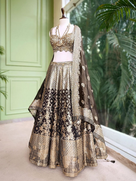 Maharani Brown Banarasi Silk Bridal Lehenga with Zari & Sequin Embroidery