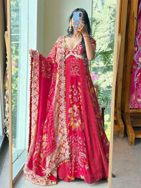 Hoor Red Anarkali Dupatta Set with Mirror & Sequin Work