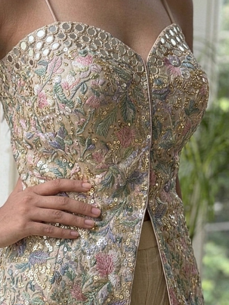 Sweetheart Prism Chickoo Tissue Silk Indo-Western Palazzo Set