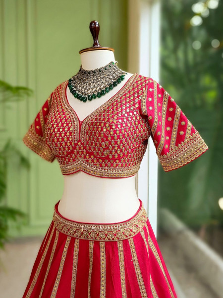 Aarvi Red Raw Silk Bridal Lehenga with Sequin and Zari Work