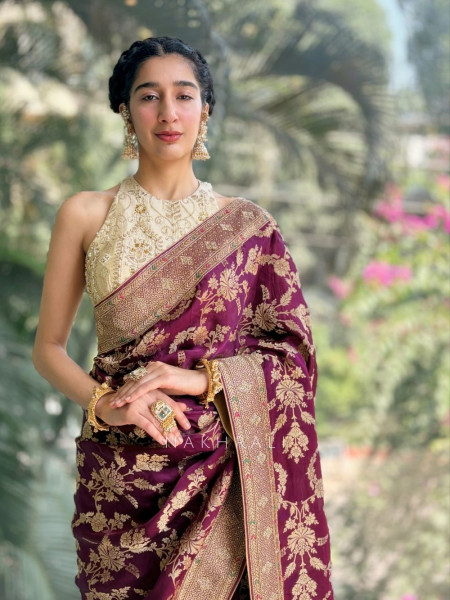 Aurelia Wine Brocade Saree with Floral Weave