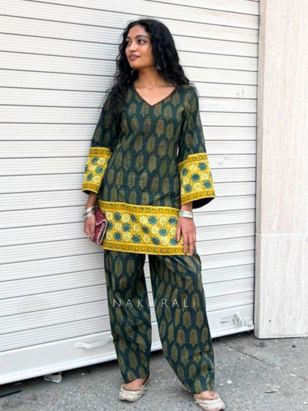 Elvarya Green Cotton Block Print Kurti with Farsi Salwar Set