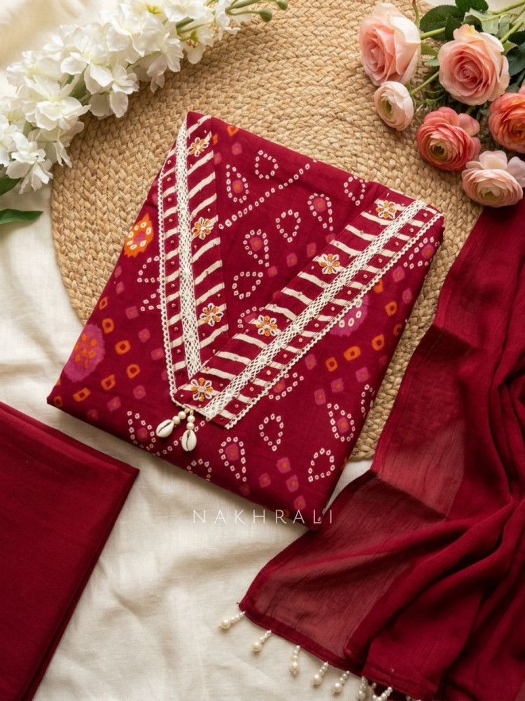 Image of Ruhika Magenta Bandhej Dress Material with V Neck Detail