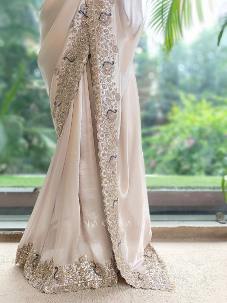 Kalika Beige Satin & Silk Satin Saree with Readymade Blouse