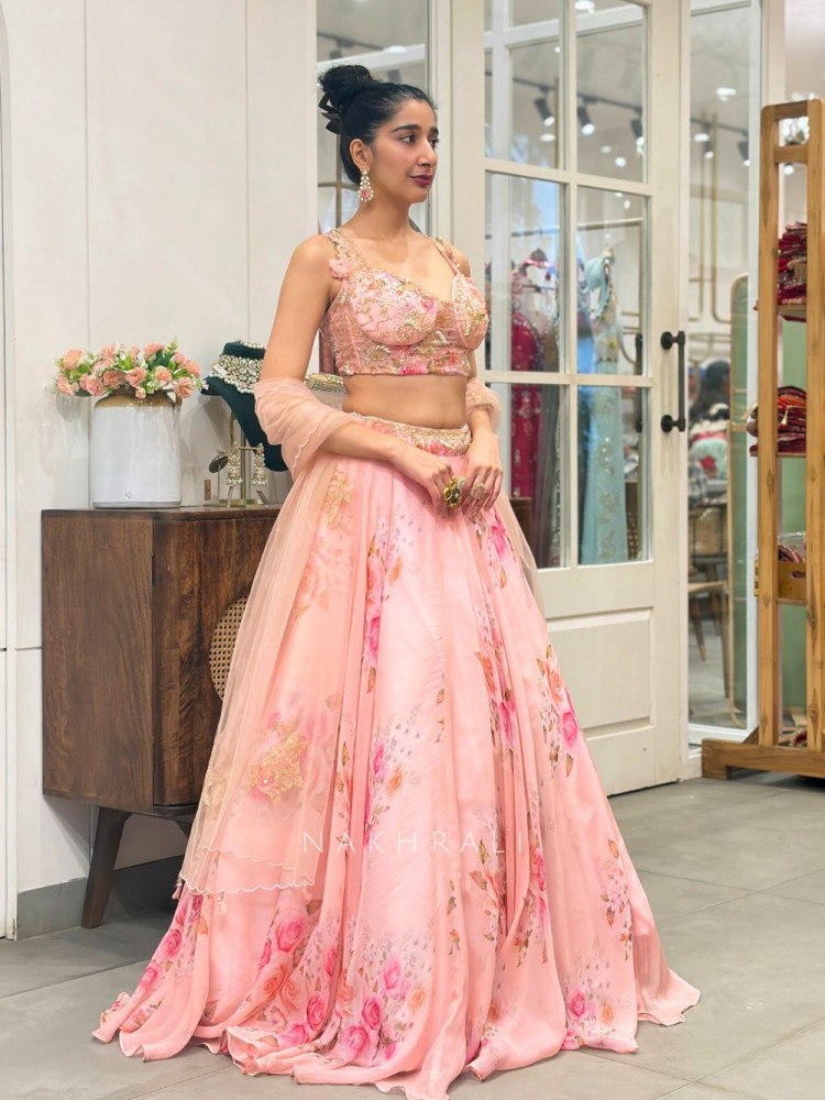 Image of Rosabelle Pink Floral Lehenga Set with Embroidered Blouse