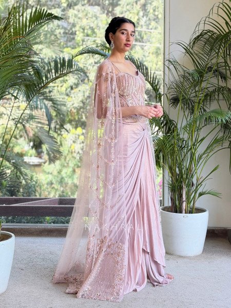 Oryza Pink Indo Western Dhoti Skirt Set with Cut Dana Sequin Work