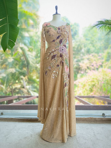 Orlina Beige Sequin Drape Gown
