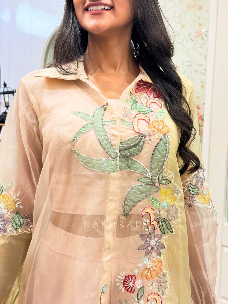 Image of Nova Peach Indo Western Palazzo Set with Thread Patch Work