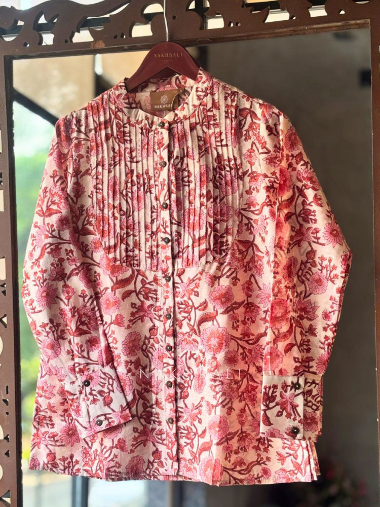 Image of Posy Pink Cotton Shirt with Pintuck Yoke Print
