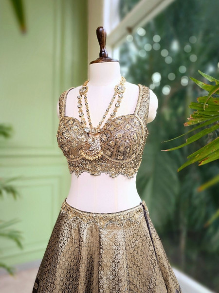 Maharani Brown Banarasi Silk Bridal Lehenga with Zari & Sequin Embroidery