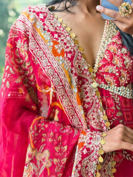 Hoor Red Anarkali Dupatta Set with Mirror & Sequin Work