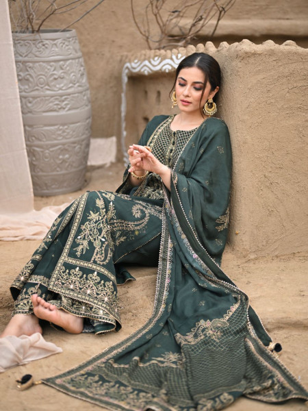 Olive Whisper Green Kurta Palazzo Set with Zari and Gota Patti Work