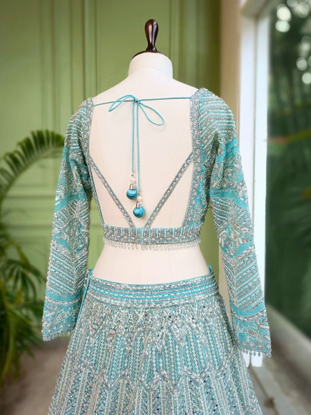Celeste Blue Net Lehenga Set with Sequin Bead Embroidery