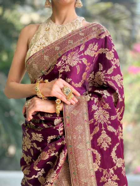 Aurelia Wine Brocade Saree with Floral Weave