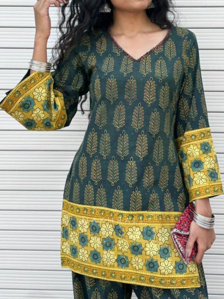 Elvarya Green Cotton Block Print Kurti with Farsi Salwar Set
