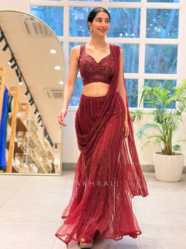Image of Glitzy Glam Maroon Indo-Western Drape Saree
