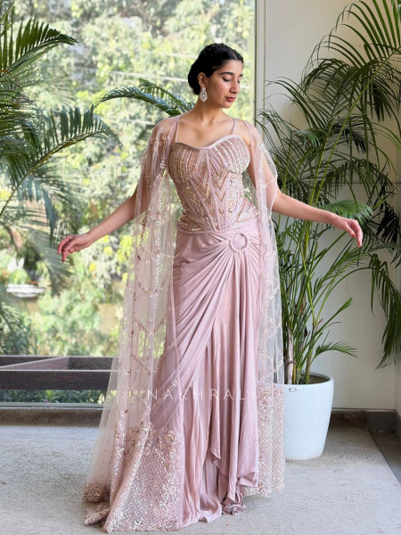 Oryza Pink Indo Western Dhoti Skirt Set with Cut Dana Sequin Work