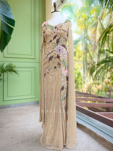 Orlina Beige Sequin Drape Gown