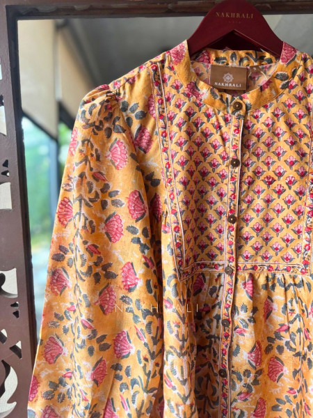 Posy Yellow Cotton Shirt with Pintuck Yoke Print