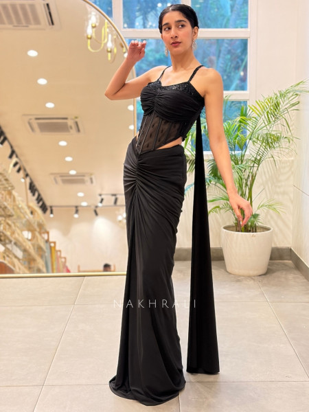 Maison Royal Black Crop Top Skirt Set with Cut Dana Work