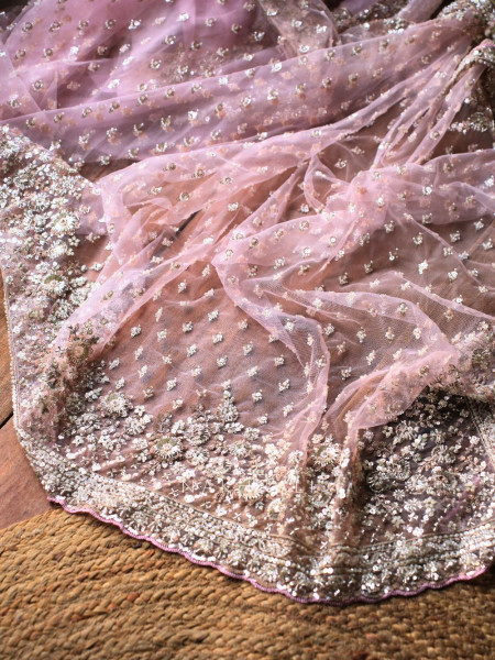 Starlit Pink Net Saree with Cut Dana Bead and Sequin Work