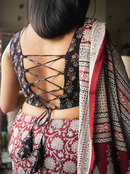 Dori Black Block Printed Blouse with Dori Back