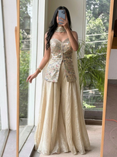 Sweetheart Prism Chickoo Tissue Silk Indo-Western Palazzo Set
