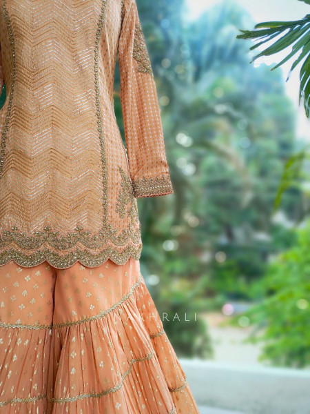 Zyra Peach Gharara Set with Sequin & Zari Embroidery