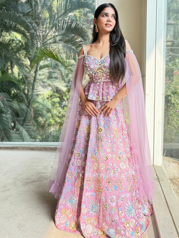Image of Aurora Purple Embellished Lehenga Set with Sequin Floral Work
