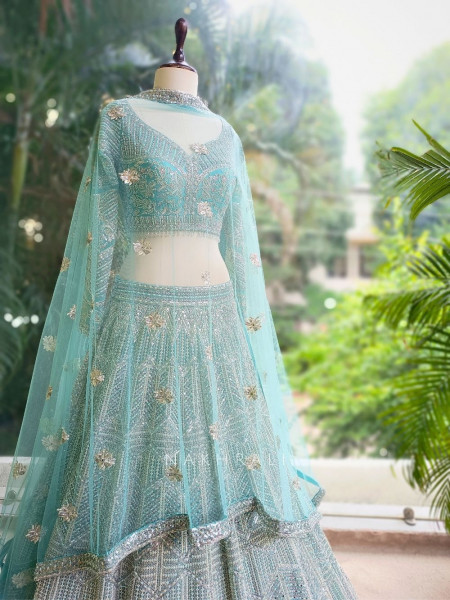 Celeste Blue Net Lehenga Set with Sequin Bead Embroidery