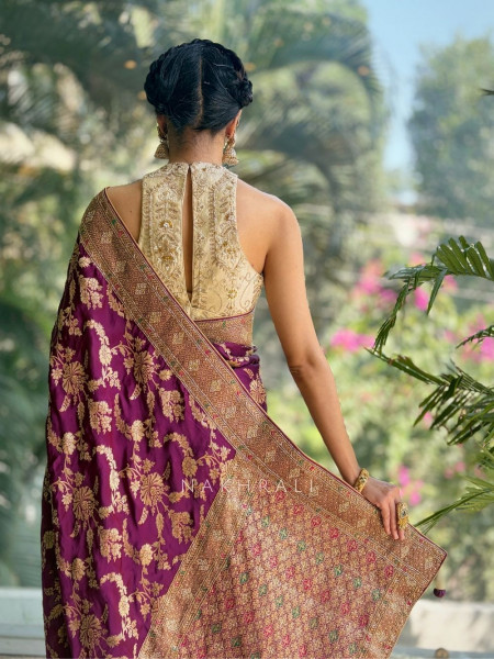 Aurelia Wine Brocade Saree with Floral Weave