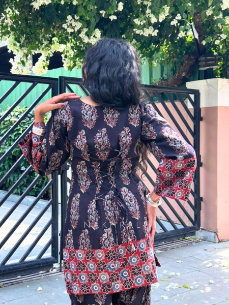 Elvarya Black Cotton Block Print Kurti with Farsi Salwar Set