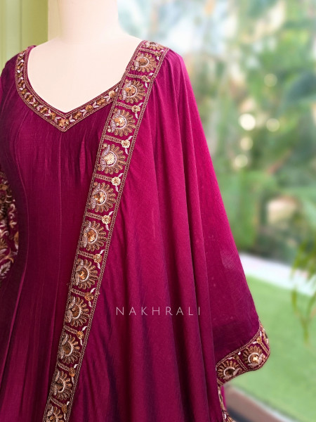 Dastaan Wine Chinon Kalidar Anarkali Set