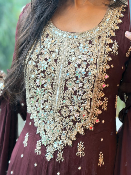 Reem Wine Anarkali Suit Set With Zari Sequin Yoke Work