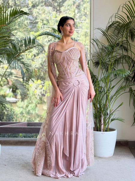 Oryza Pink Indo Western Dhoti Skirt Set with Cut Dana Sequin Work