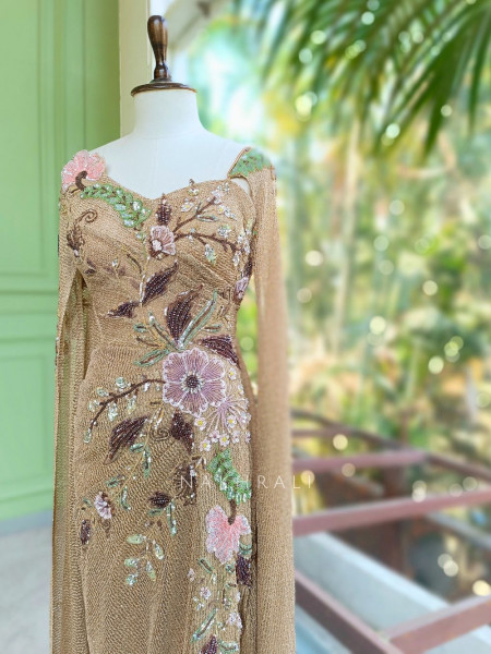 Orlina Beige Sequin Drape Gown