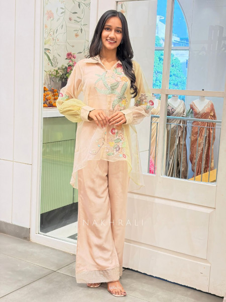 Nova Peach Indo Western Palazzo Set with Thread Patch Work